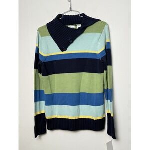 Liz & Co Womens Striped Shawl Collar Button Sweater Blue Green Yellow Medium NWT